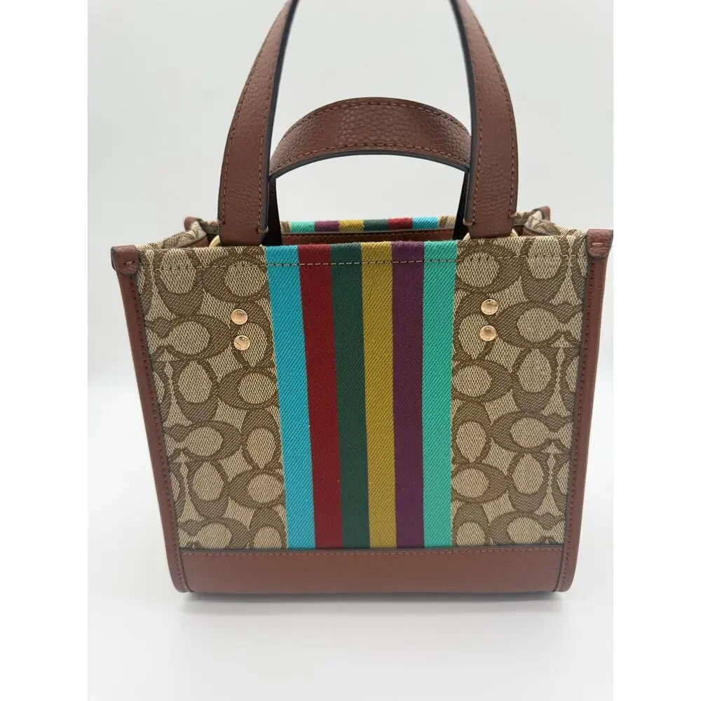 Coach Dempsey Tote 22 Signature Jacquard Canvas Rainbow Stripe Leather Bag C5119